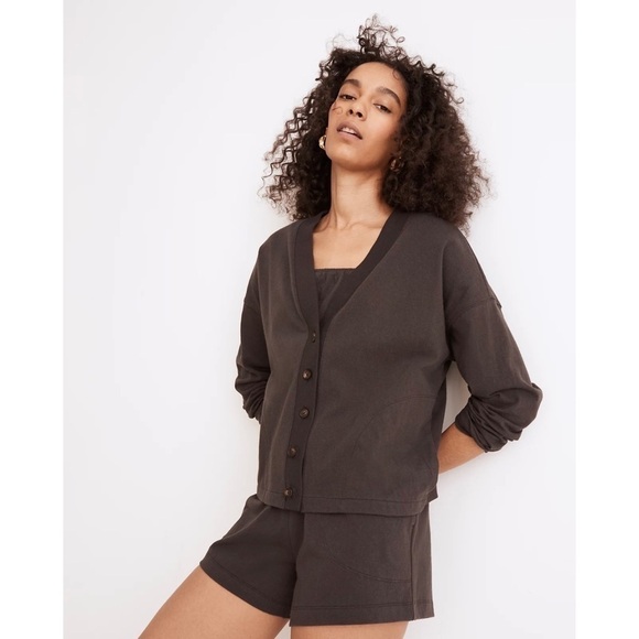 Madewell Cardigan Organic Cotton Crop Sweater Button Front Deep Coal Gray XXL - Picture 1 of 14